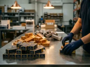 Warehouse manager's hands sorting colorful product boxes into three groups on steel table