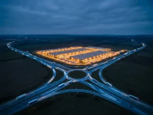 Aerial dusk view of a glowing distribution hub with trucks radiating outward along converging highways into a dark landscape.