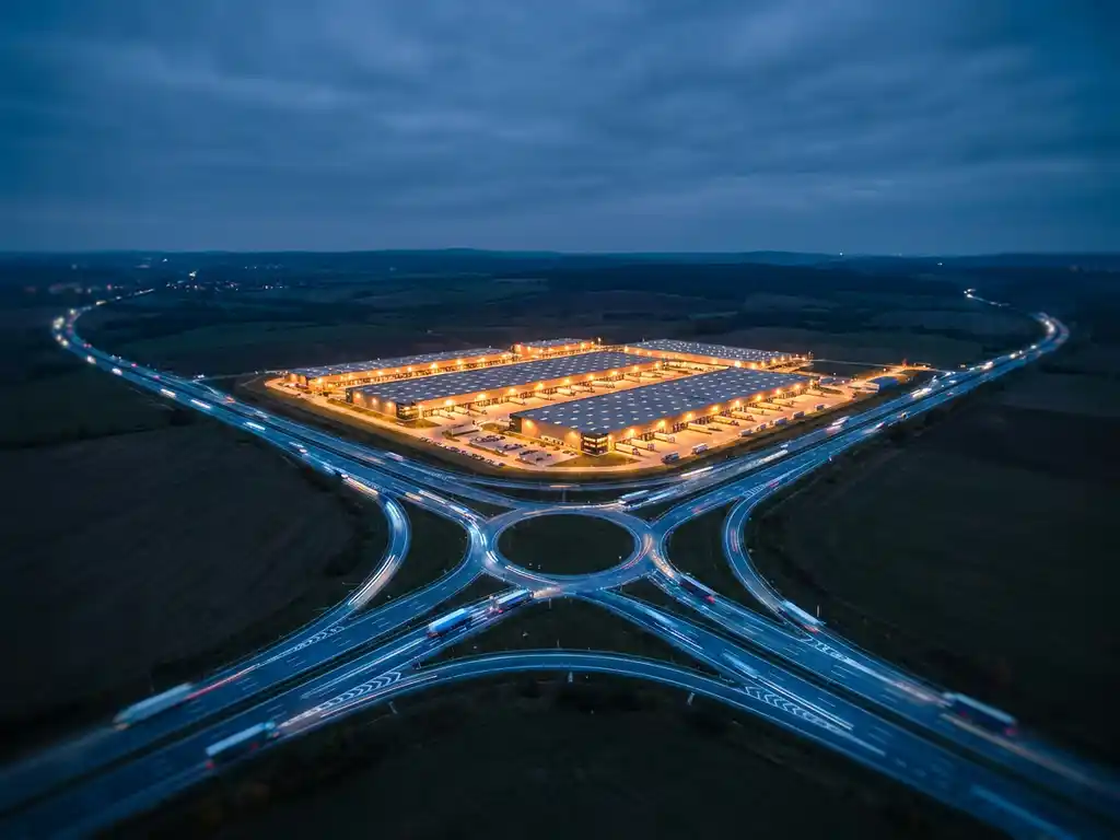 Aerial dusk view of a glowing distribution hub with trucks radiating outward along converging highways into a dark landscape.
