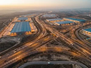Aerial view of a sprawling logistics network with warehouse hubs connected by highways