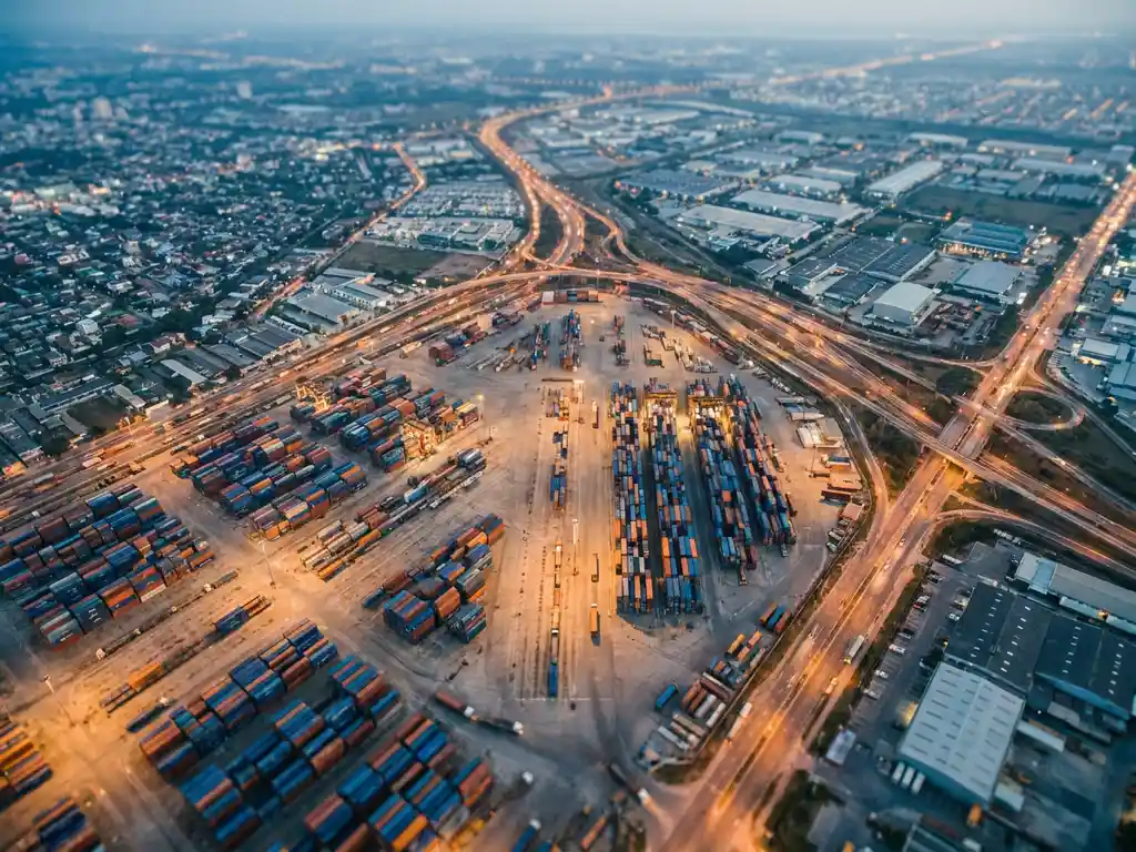 Aerial view of a sprawling port logistics hub with color-coded cargo containers and truck routes radiating outward in golden late-afternoon light.