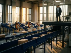 Modern warehouse with automated conveyor belts transporting packages while robotic arms sort items