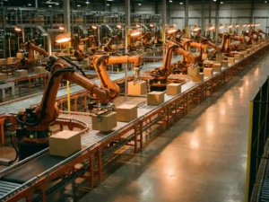 Orange robotic arms placing packages on multi-level conveyor belts in automated warehouse with polished concrete floors