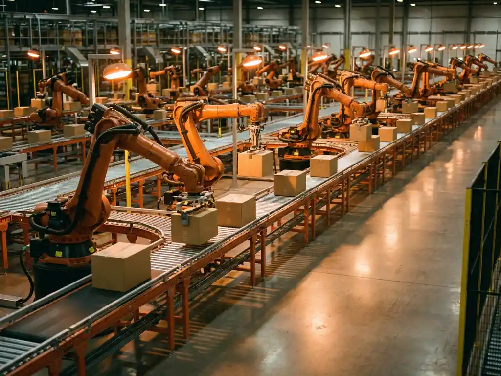 Orange robotic arms placing packages on multi-level conveyor belts in automated warehouse with polished concrete floors