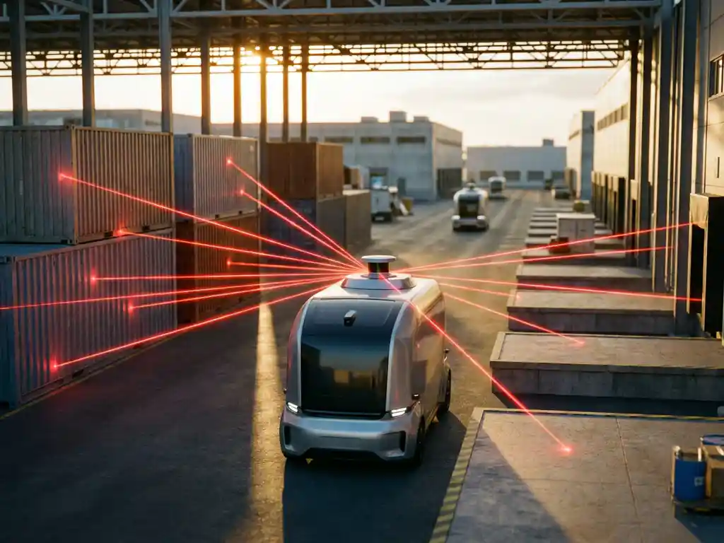 Autonomous delivery truck with spinning LIDAR sensor casting red laser beams to map warehouse district during golden hour