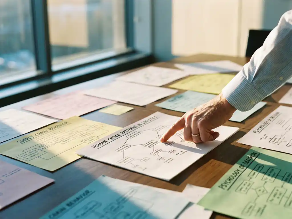 Consultant's hand pointing to behavioral psychology decision tree diagram on wooden boardroom table with colorful charts and flowcharts
