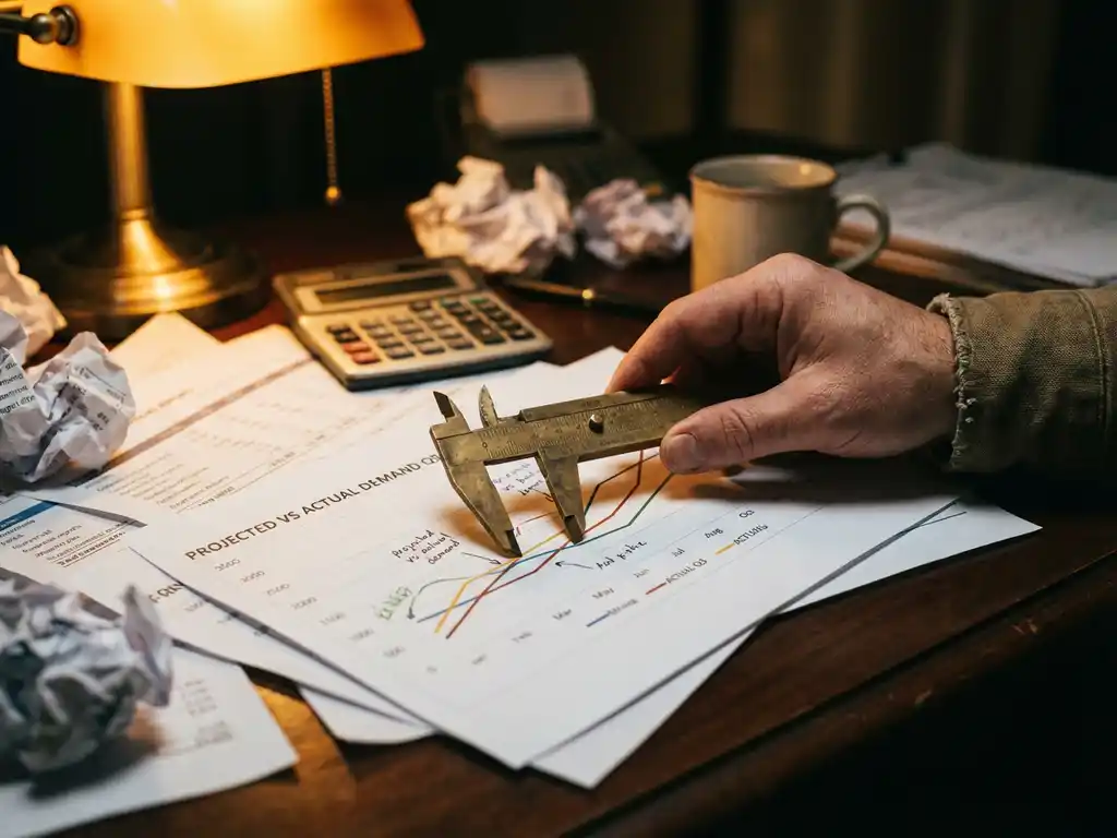 Businessman's hand using precision caliper to measure gap between projected and actual demand lines on sales chart