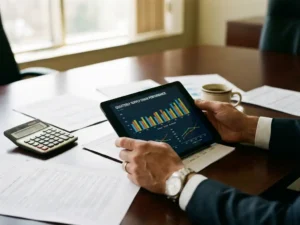 Business analyst holding tablet displaying colorful performance charts on conference table with supply chain reports