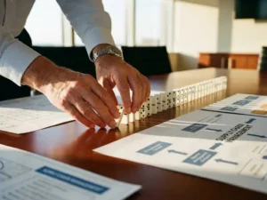 Business executive placing first domino in aligned chain on conference table with supply chain documents underneath