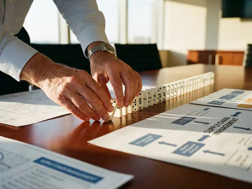 Business executive placing first domino in aligned chain on conference table with supply chain documents underneath