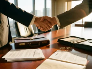 Two business executives shaking hands over conference table with contract documents