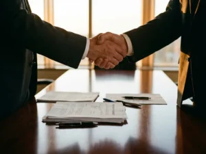Two business executives shaking hands over conference table with contract documents