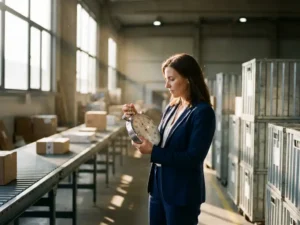 Professional businesswoman in navy suit examining stopwatch in modern warehouse with shipping containers and conveyor belts.