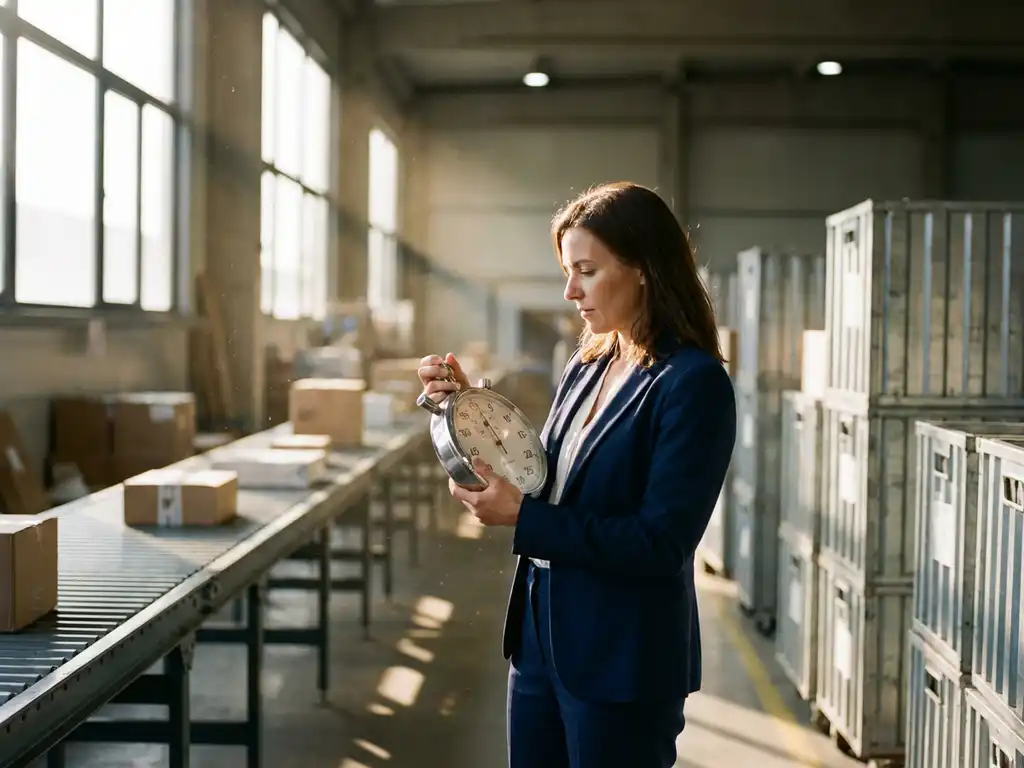 Professional businesswoman in navy suit examining stopwatch in modern warehouse with shipping containers and conveyor belts.