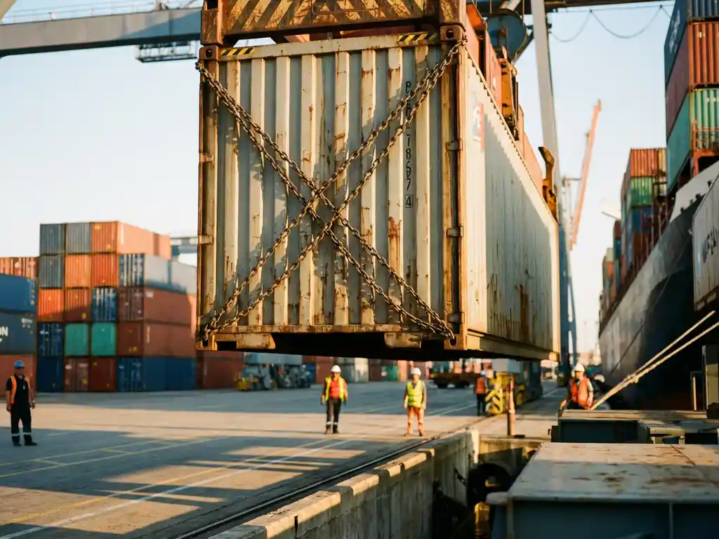 Crane loading weathered shipping container with steel chain rigging onto cargo ship at busy port during golden hour