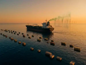 Cargo ship with green vapor trail navigating ocean waters past floating containers with wind turbines on horizon