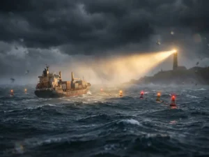 Weathered cargo ship navigating turbulent dark waters as bright lighthouse beam illuminates alternative shipping routes through storm clouds