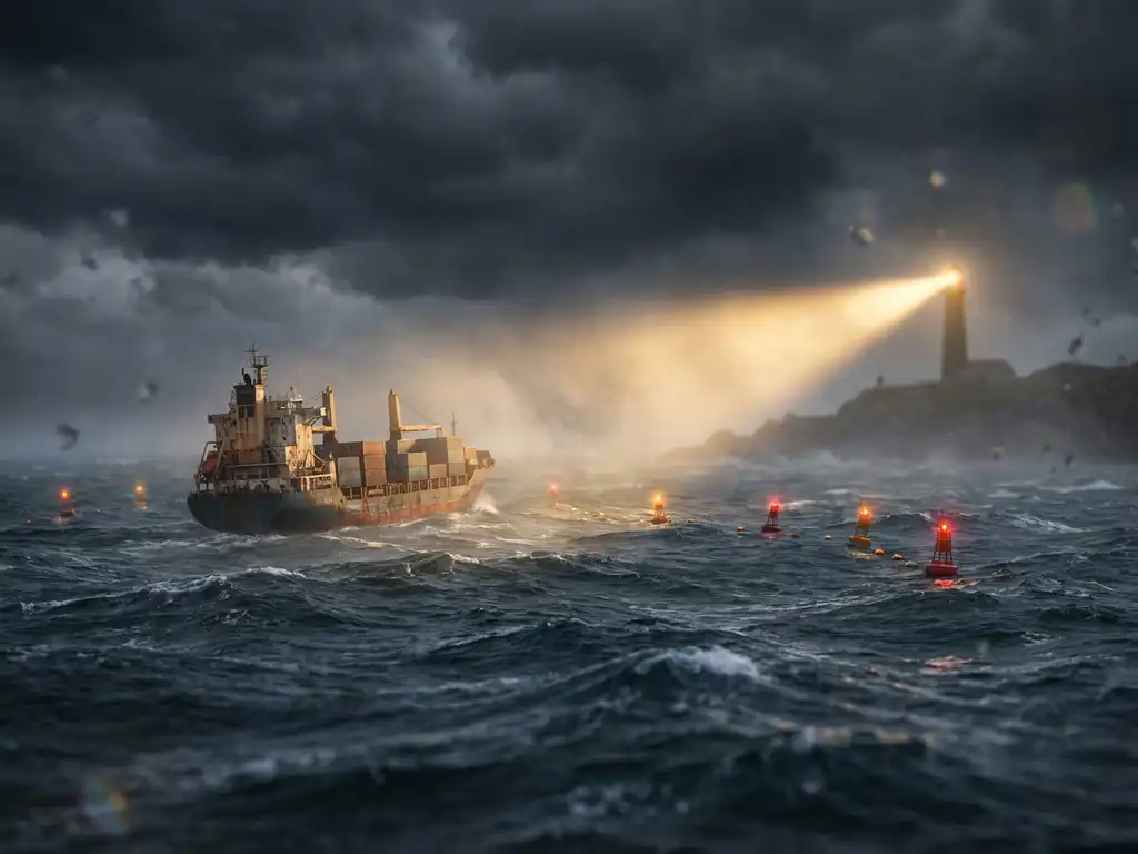 Weathered cargo ship navigating turbulent dark waters as bright lighthouse beam illuminates alternative shipping routes through storm clouds