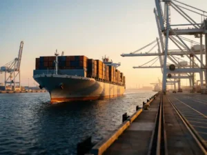 Cargo ship loaded with shipping containers arriving at a modern port during golden hour