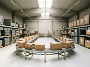 Circular conveyor system with worn cardboard packages flowing in continuous loop through organized warehouse with metal containers and wooden pallets