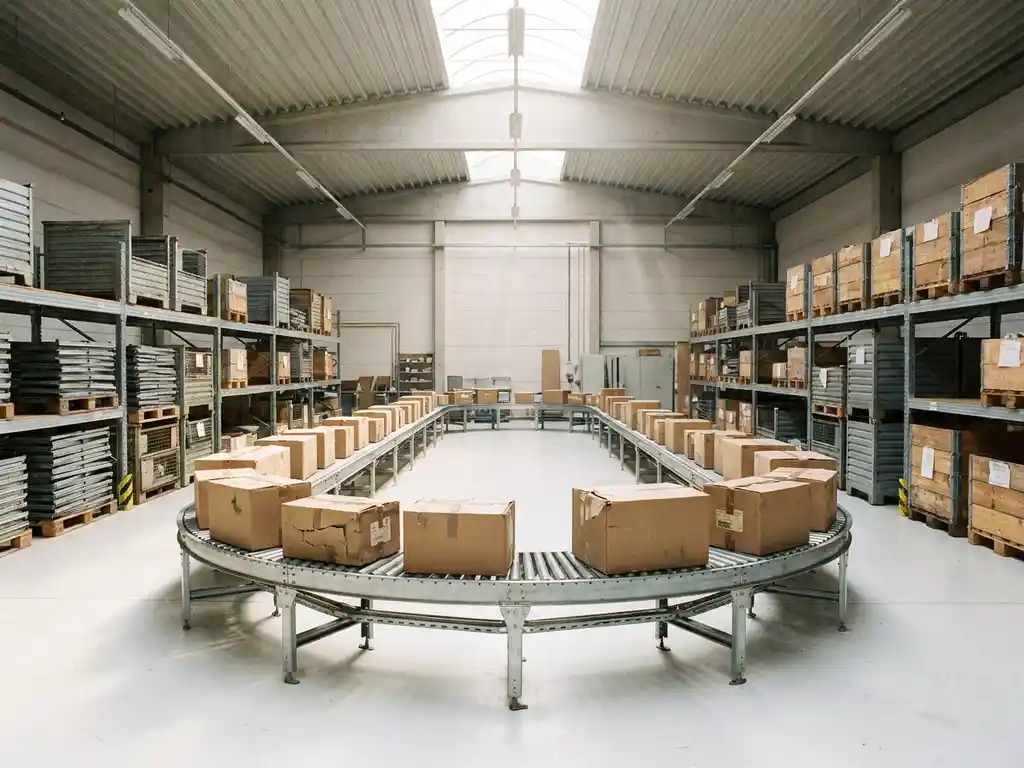 Circular conveyor system with worn cardboard packages flowing in continuous loop through organized warehouse with metal containers and wooden pallets