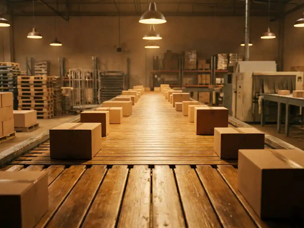 Cardboard packages moving along wooden conveyor belt in warehouse with warm industrial lighting and soft shadows