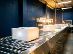 Chrome conveyor belt system accelerating glowing white packages through modern warehouse with navy walls and golden lighting
