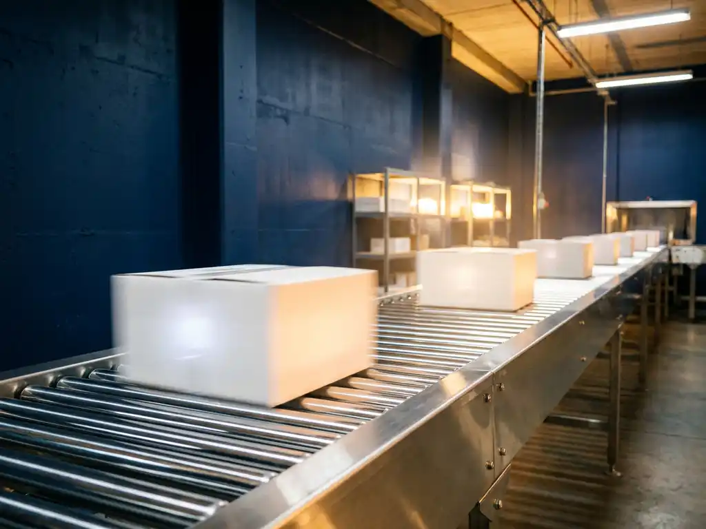 Chrome conveyor belt system accelerating glowing white packages through modern warehouse with navy walls and golden lighting
