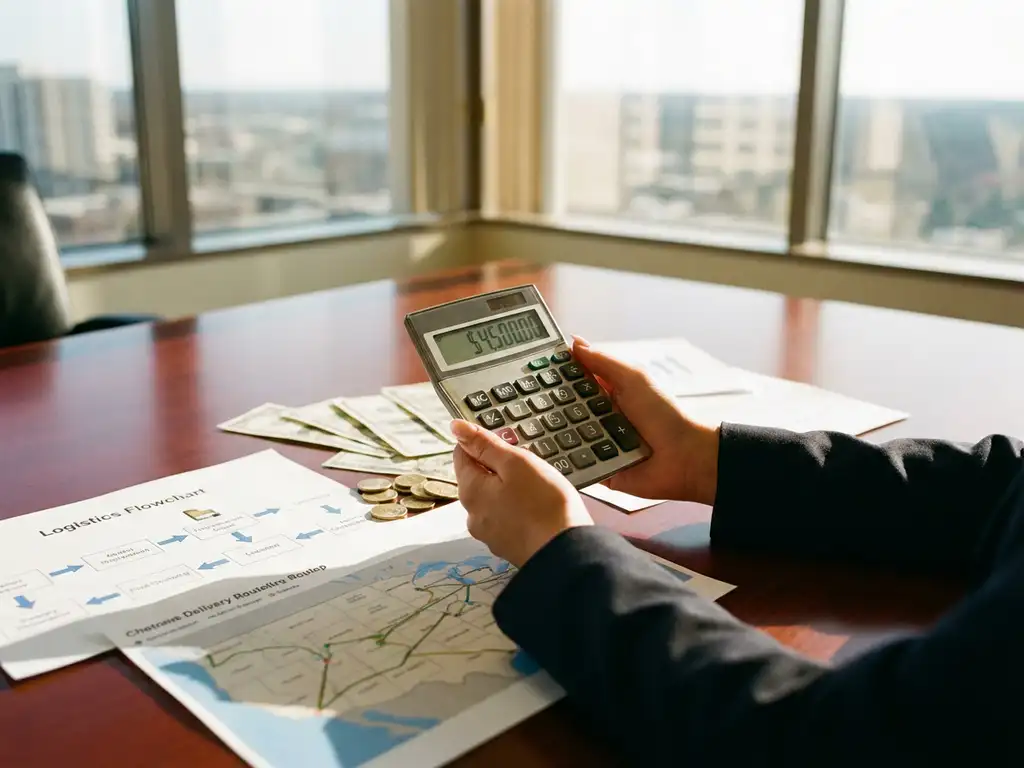 Businesswoman's hands holding calculator showing savings numbers on conference table with logistics charts