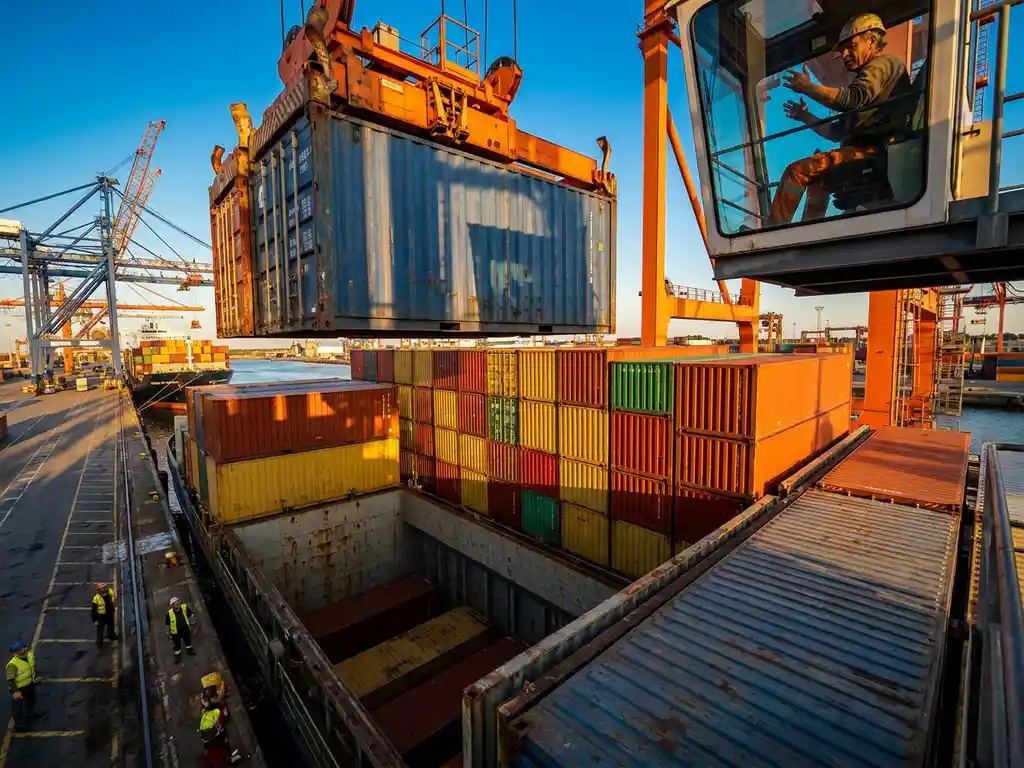 Crane operator positioning shipping container into cargo ship hold with colorful stacked containers below during golden hour