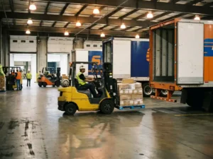 Warehouse worker operating forklift to transfer pallets from delivery truck to outbound trailer in cross-docking facility