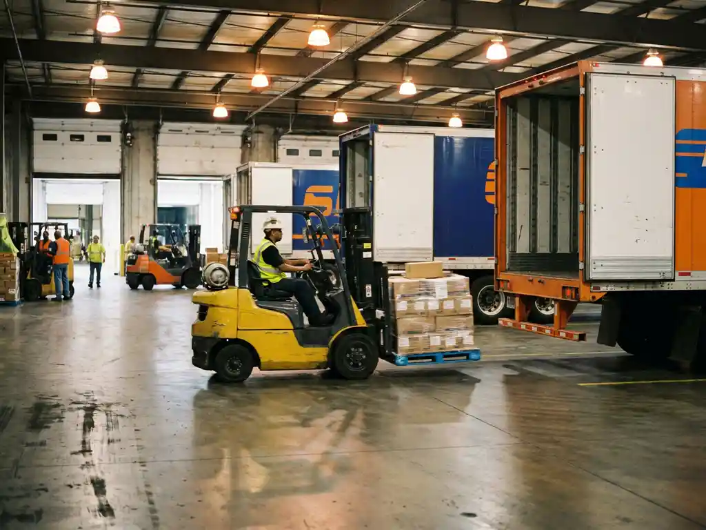 Warehouse worker operating forklift to transfer pallets from delivery truck to outbound trailer in cross-docking facility