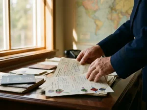 Customs officer examining international shipping documents with colorful stamps and seals on wooden desk