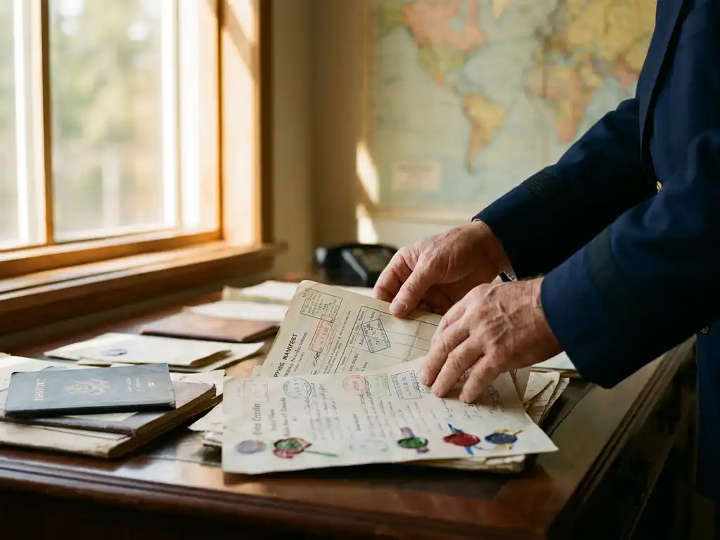Customs officer examining international shipping documents with colorful stamps and seals on wooden desk