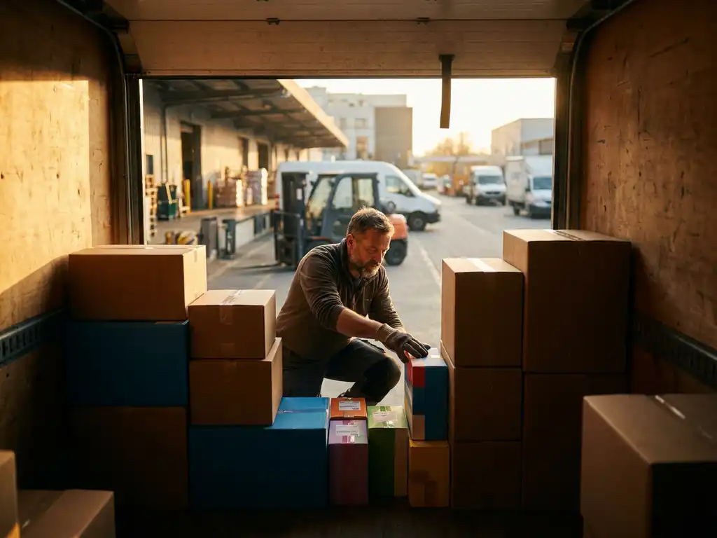 Delivery truck driver organizing colorful packages by size in cargo bay