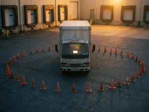 Delivery truck centered within orange cone perimeter on asphalt with glowing GPS screen