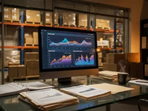 Analytics dashboard with colorful demand trend graphs on monitor beside coffee cup and supply chain reports on glass desk