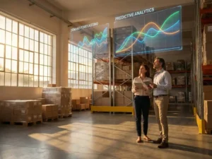 Analytics dashboard with colorful demand forecasting graphs floating above organized warehouse shelves as supply chain managers review tablets in golden hour lighting