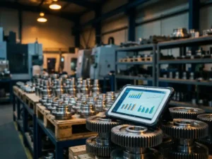 Digital tablet displaying colorful demand charts rests against stacked precision metal components on organized factory floor with warm industrial lighting