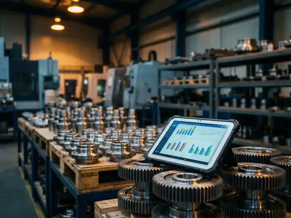 Digital tablet displaying colorful demand charts rests against stacked precision metal components on organized factory floor with warm industrial lighting