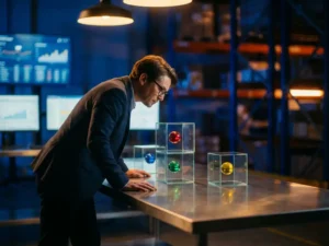 Warehouse manager analyzing transparent glass cubes with floating colored spheres on steel table in modern logistics center