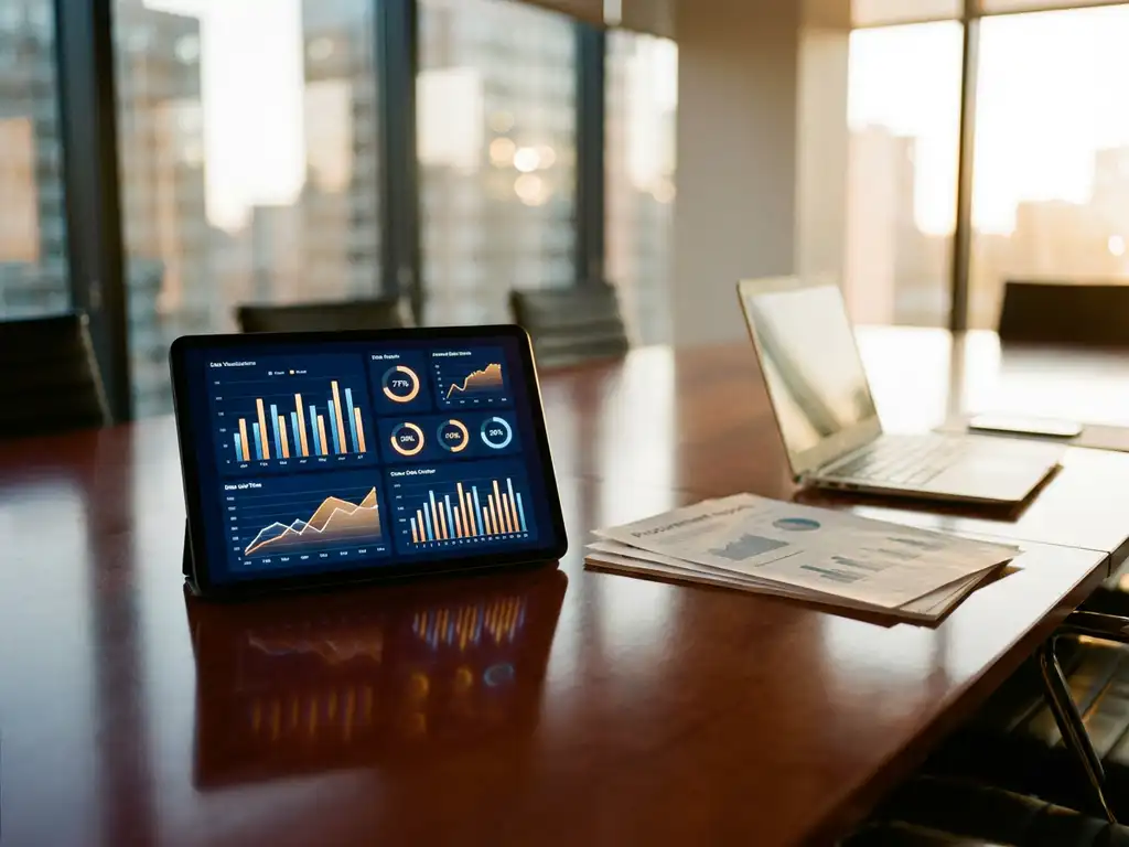 Digital dashboard with colorful KPI charts reflected on mahogany conference table surrounded by procurement reports and laptop in golden hour light