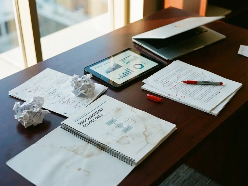 Cluttered mahogany desk with crumpled procurement documents