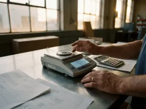 Digital scale showing weight measurements on warehouse desk with inventory sheets