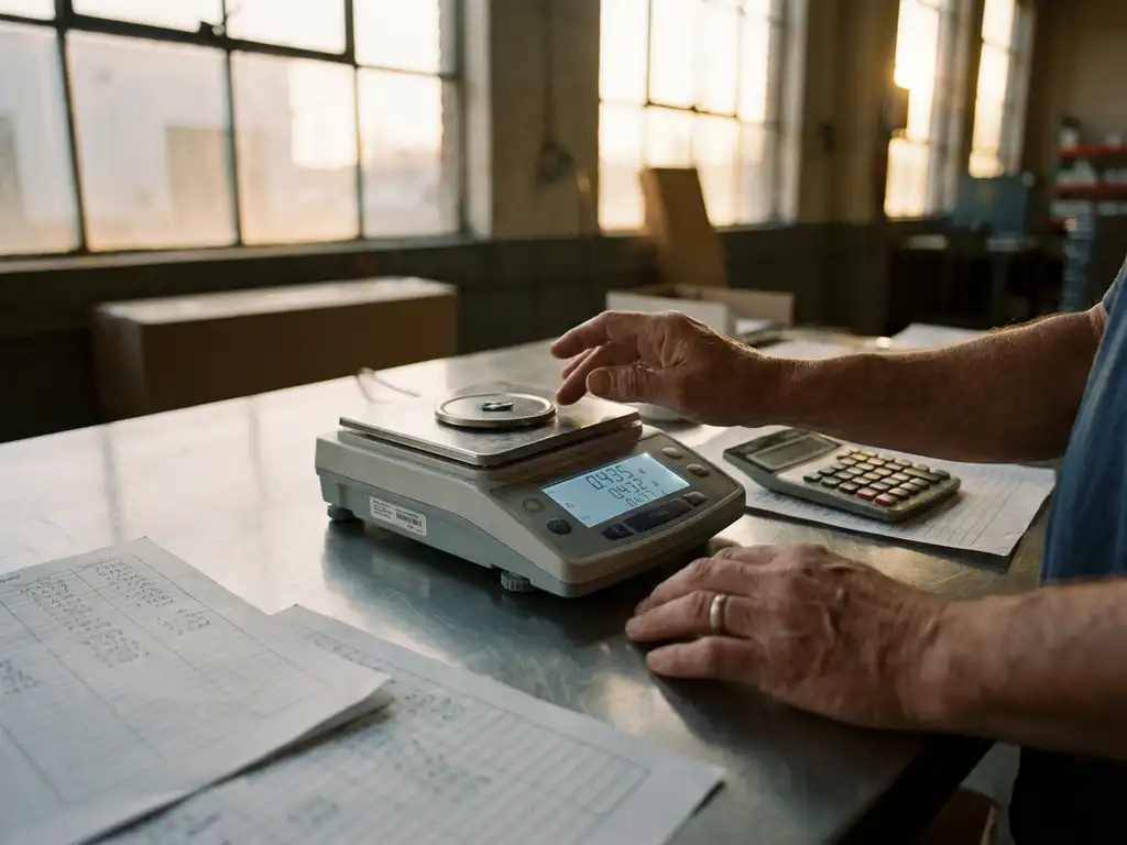 Digital scale showing weight measurements on warehouse desk with inventory sheets