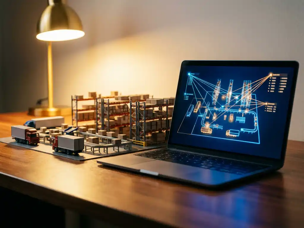Miniature warehouse model with trucks and conveyor belts beside laptop displaying matching digital network connections on wooden desk