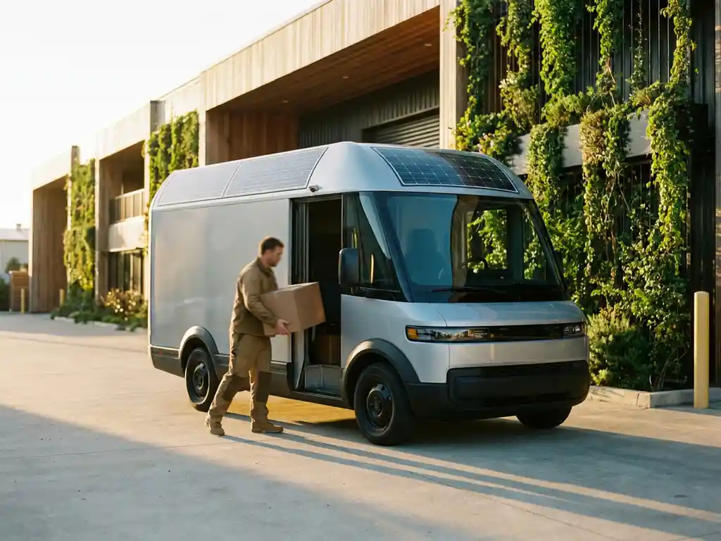 Electric delivery truck with solar panels parked at green-walled warehouse while worker loads recycled cardboard packages