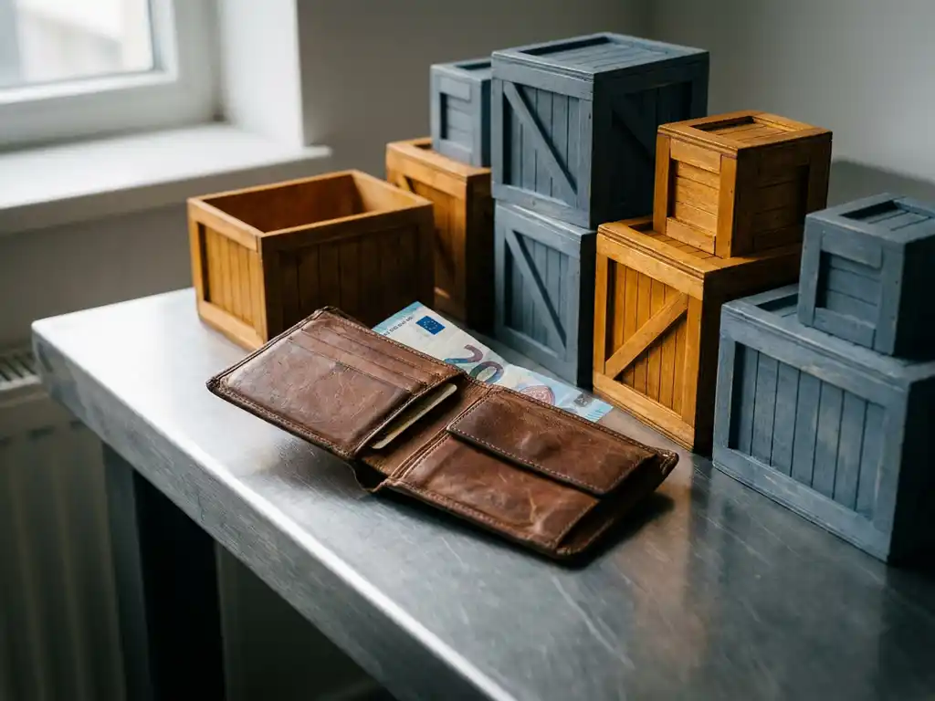 Open leather wallet with a single euro note beside miniature wooden cargo boxes arranged by priority on an industrial desk.