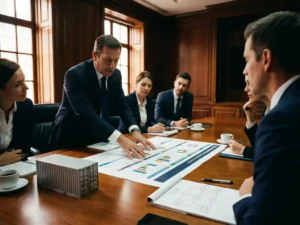 Executive presenting a logistics performance dashboard on a boardroom table with shipping model props