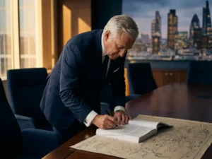 Senior executive in tailored suit signing procurement document over supplier network map at boardroom table